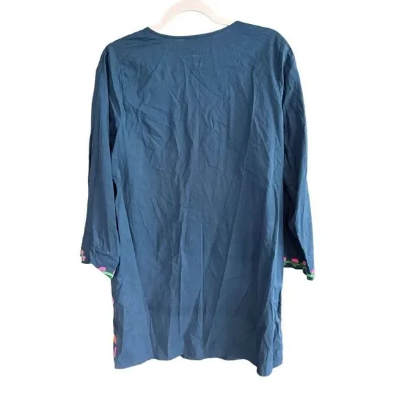 Frances Valentine Womens Blue Embroidered Floral Mini Shift Tunic Dress  Medium